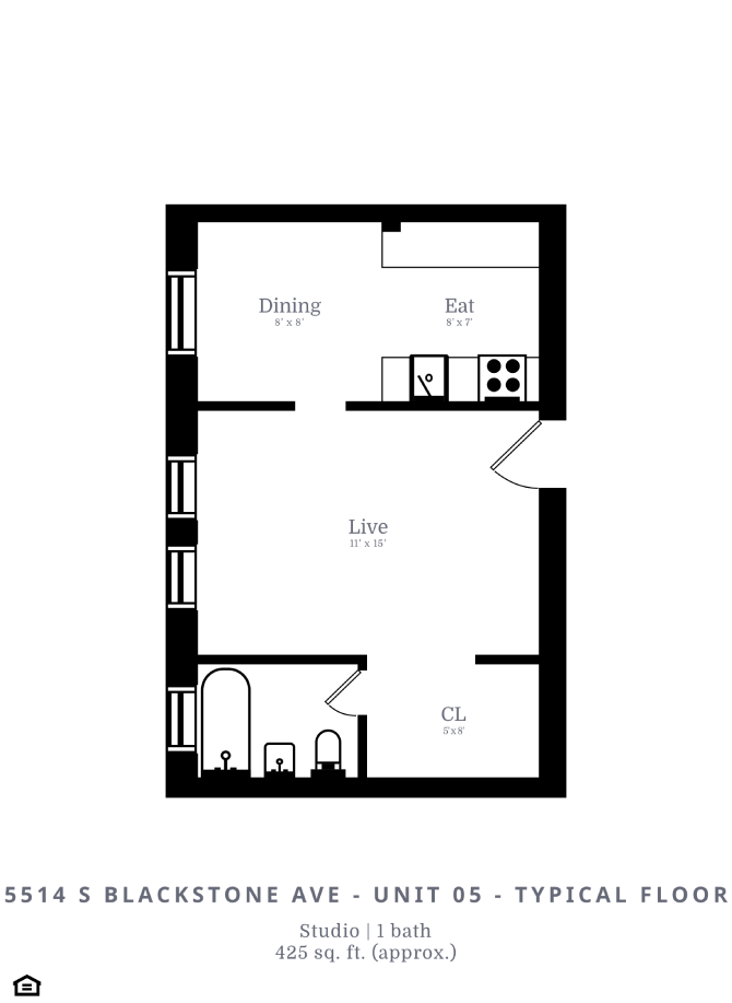 Floor plan for studio, 1 bath, 426 sqft